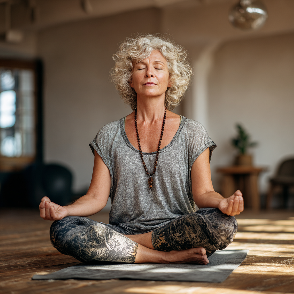Жінка 55 років виконує м'яку позу йоги на килимку у світлій студії, демонструючи спокій та зосередженість