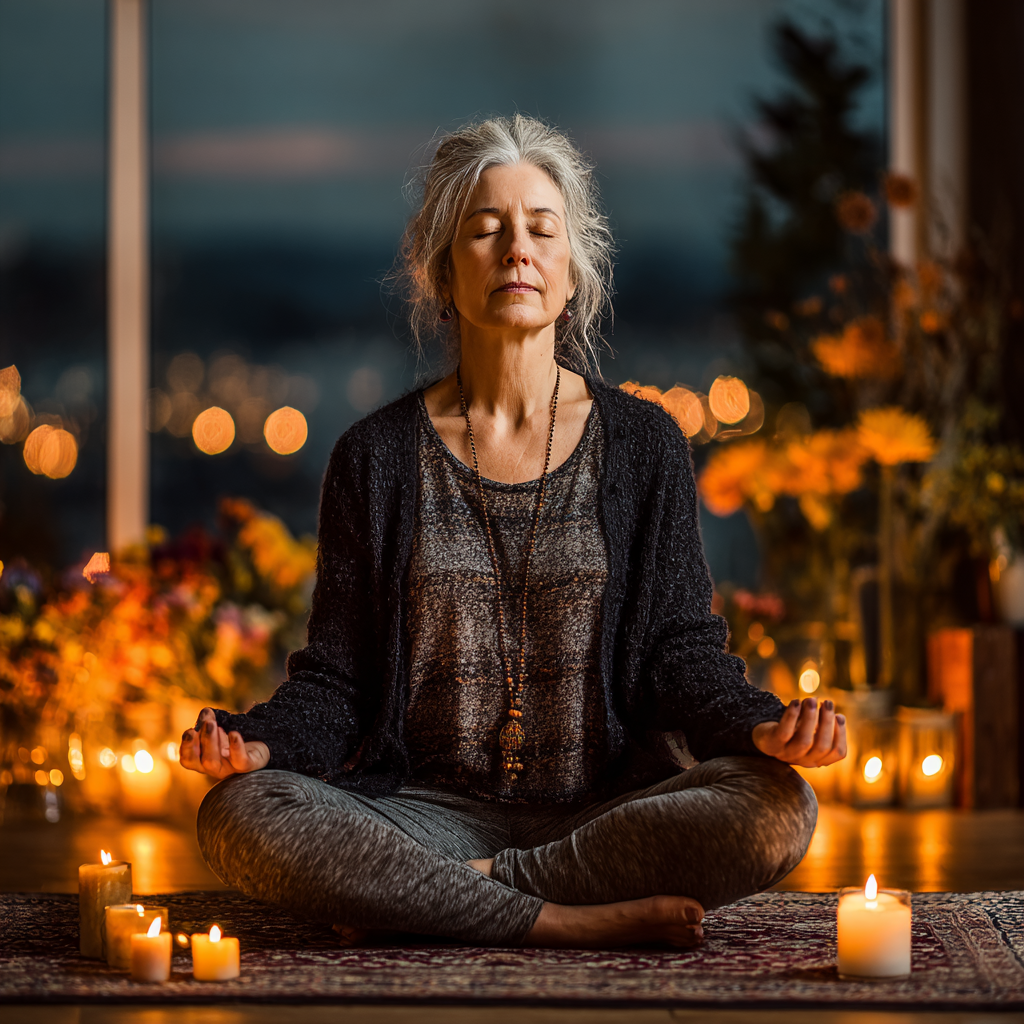 Жінка 58 років медитує з закритими очами в позі лотоса, оточена свічками та квітами в спокійній атмосфері