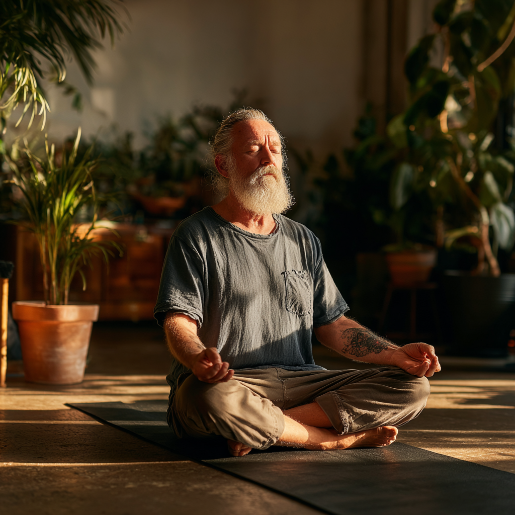 Чоловік 60 років медитує у позі лотоса в тихій йога-студії, оточений рослинами та м'яким світлом