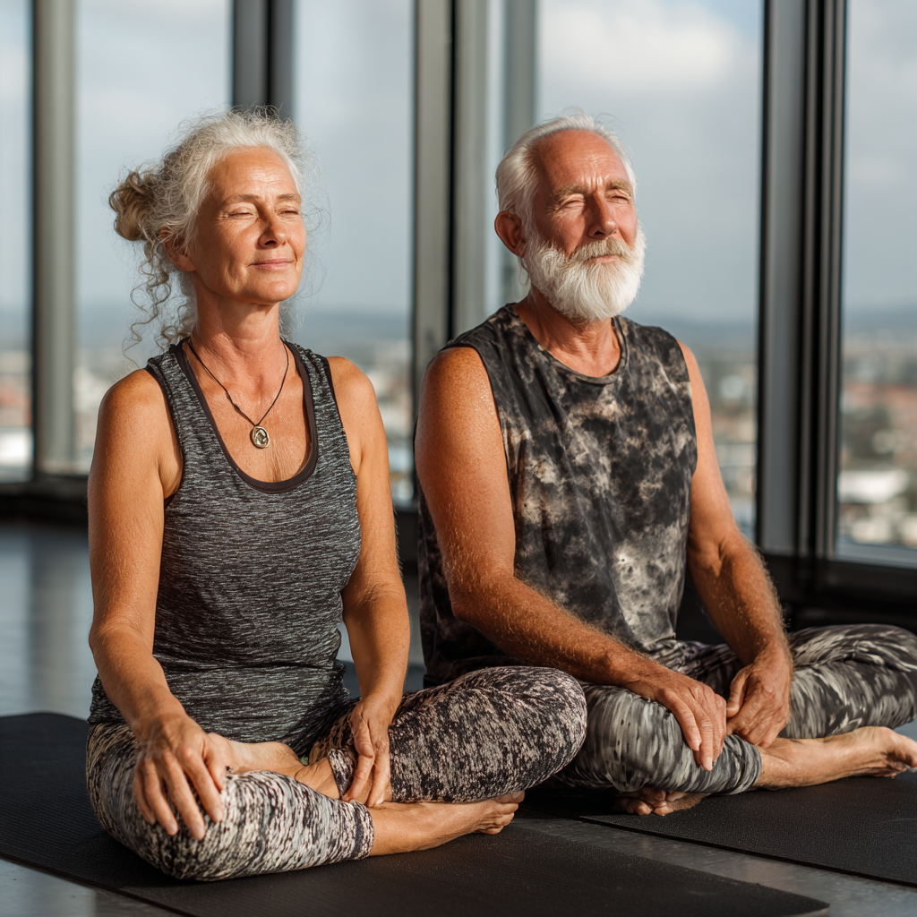 Пара у віці 55 років разом виконує позу йоги на килимках у світлій студії з панорамними вікнами